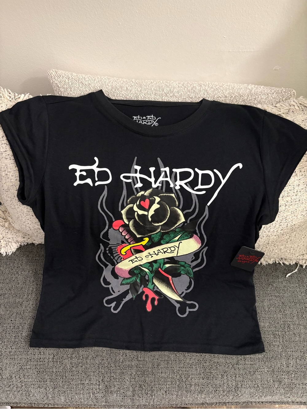 Ed Hardy Black Tee with Multicolor Tattoo Rose Graphic